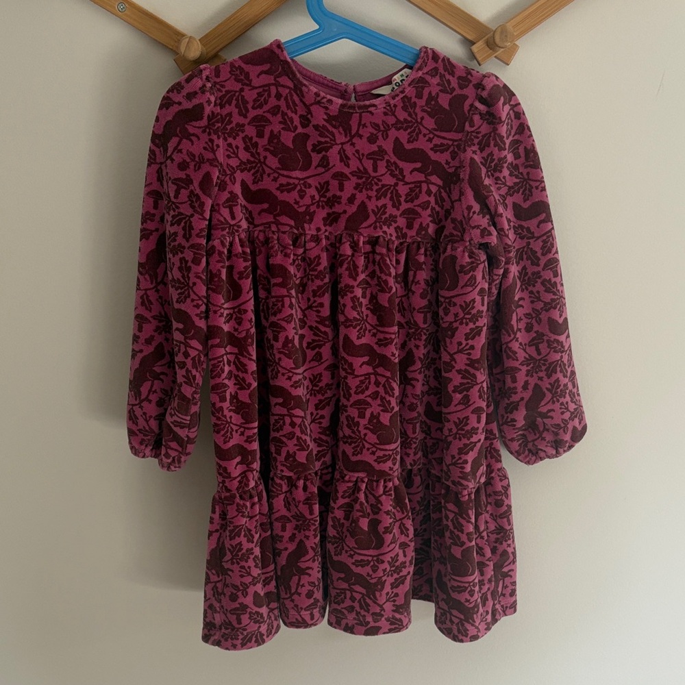 Mini Boden Velvet Red Pink Dress with Squirrel Size 5 6 Y